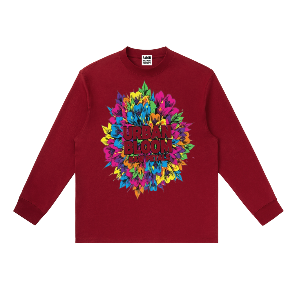 Essential Crewneck Long-Sleeve T-Shirt- Urban Bloom Design (wine red)
