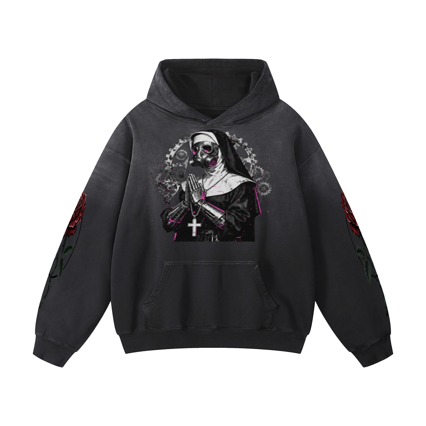 Gothic Punk Mechanical Nun Heavyweight Sunfade Oversized Hoodie — Premium Streetwear | Eaton Brothers