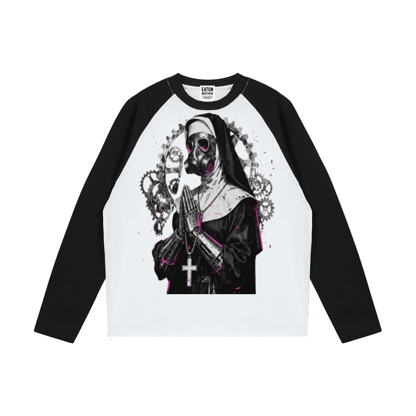 Gothic Punk Mechanical Nun Color-Blocked Raglan Long-Sleeve Tee — Streetwear | Eaton Brothers