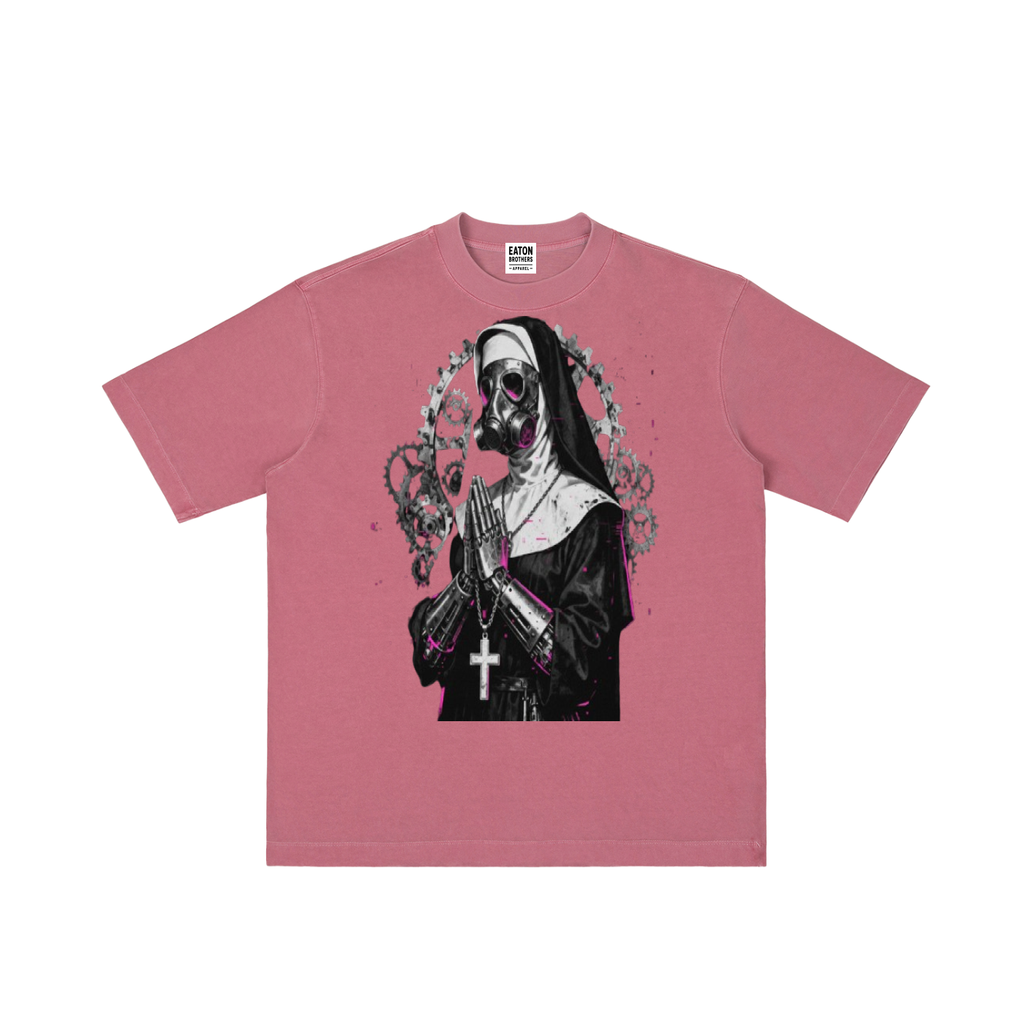Vintage Wash Drop Shoulder T-Shirt — Gothic Mechanical Nun Design | Eaton Brothers