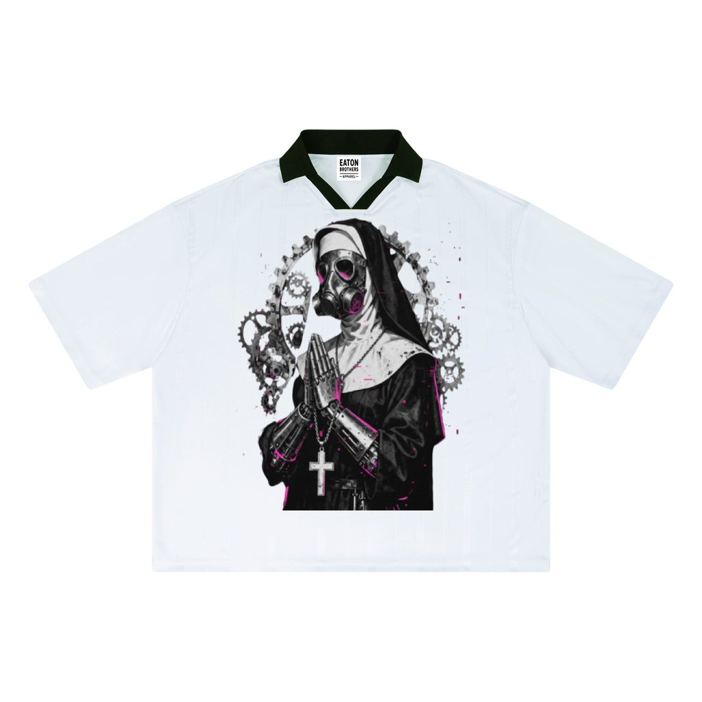 Unisex Striped Boxy Soccer Jersey- Gothic Punk Mechanical Nun-design
