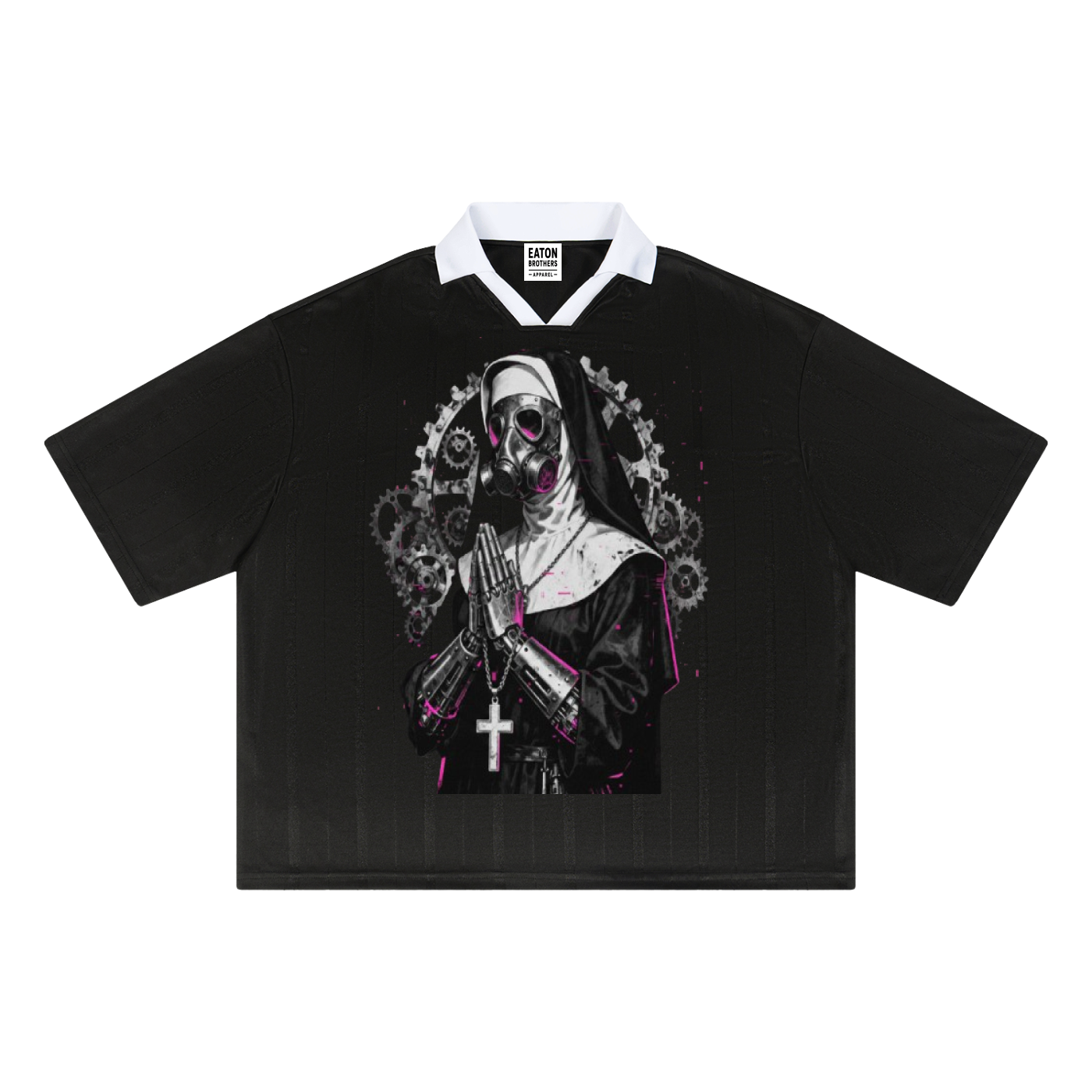 Gothic Punk Mechanical Nun Striped Boxy Soccer Jersey — Streetwear Graphic | Eaton Brothers