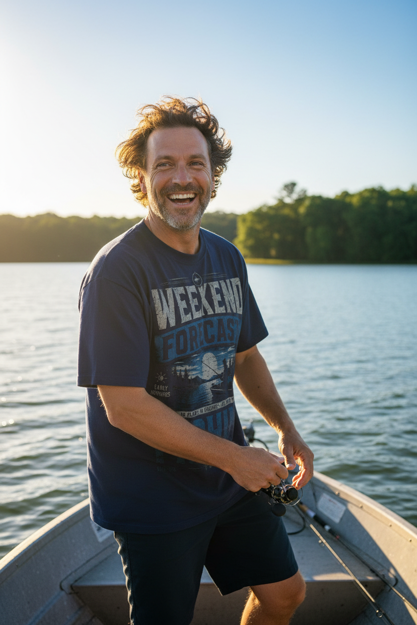 Essential Cotton T-Shirt- Week-End Forecast/Fishing Design