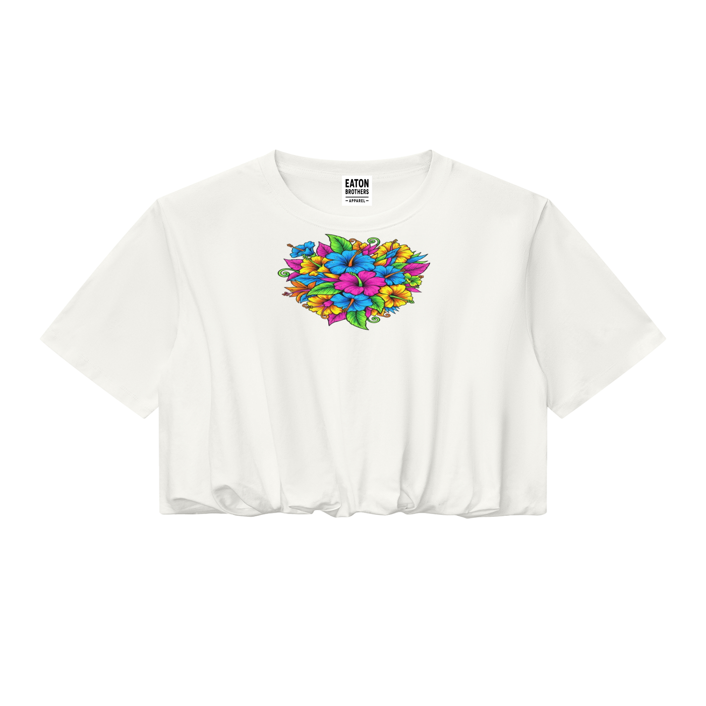 Women’s Crop Bubble Hem T-Shirt- Tropical Design (white)