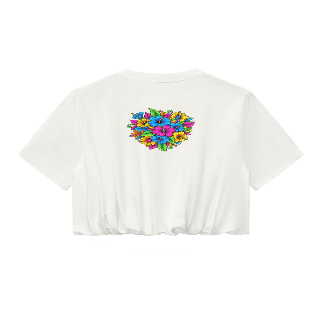 Women’s Crop Bubble Hem T-Shirt- Tropical Design (white)