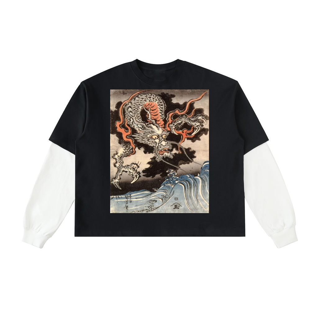 Layered Contrast Sleeve Cotton T-Shirt (Japanese PRINT)
