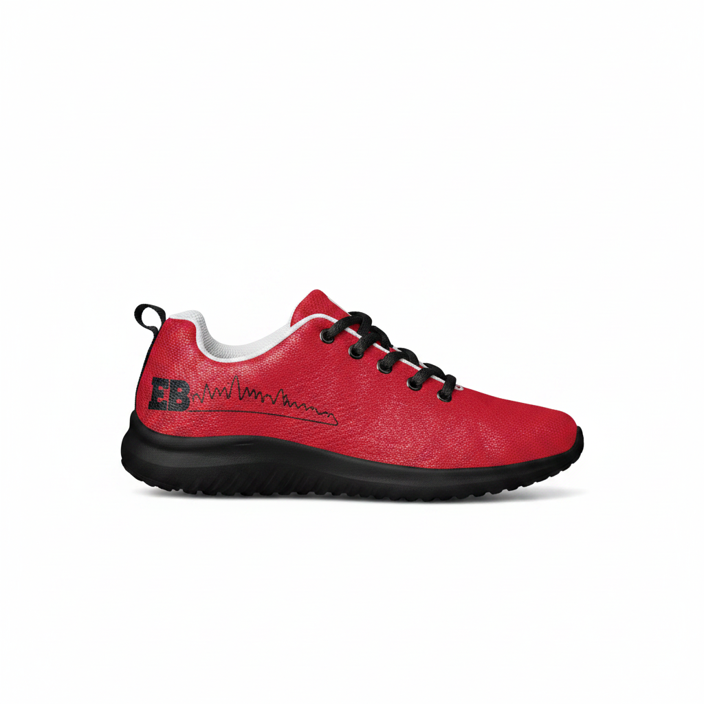 EB Skylines red athletic shoes left side profile