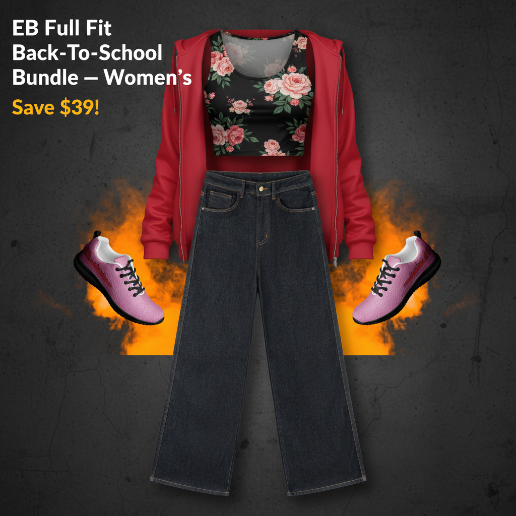 EB Full Fit Back-To-School Bundle Women's — Floral Crop Tee, Ruff Hydes Denim, EB Skylines Pink & Red Bomber Jacket