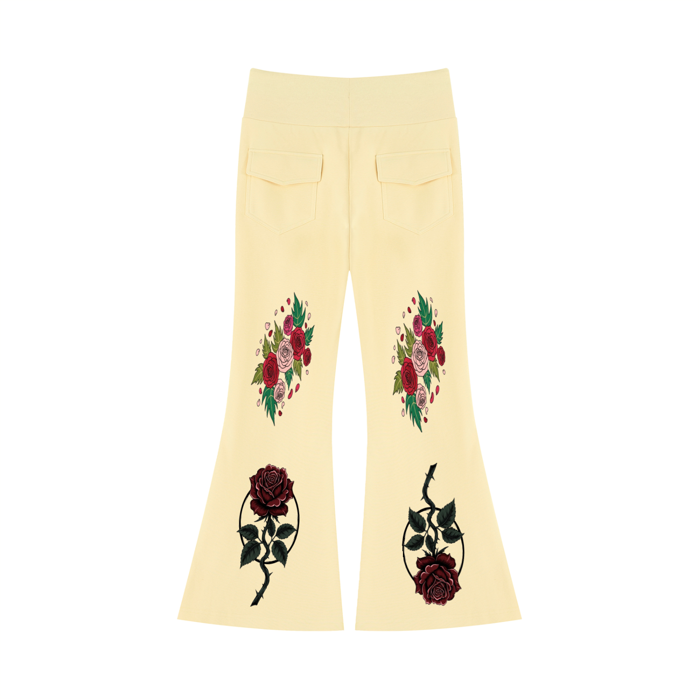Women's Drawstring Flared Leg Pants- Rose Design- Apricot