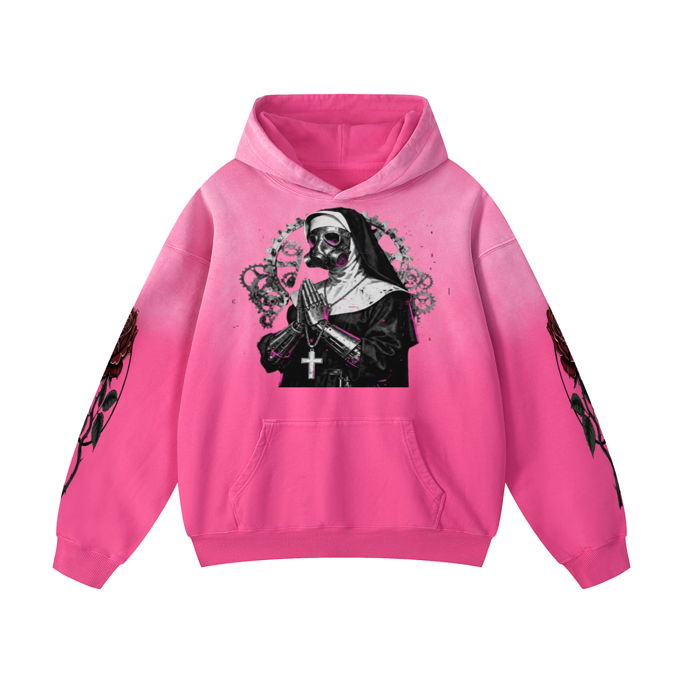 Heavyweight Sunfade Oversized Hoodie- Gothic Punk Mechanical Nun- design