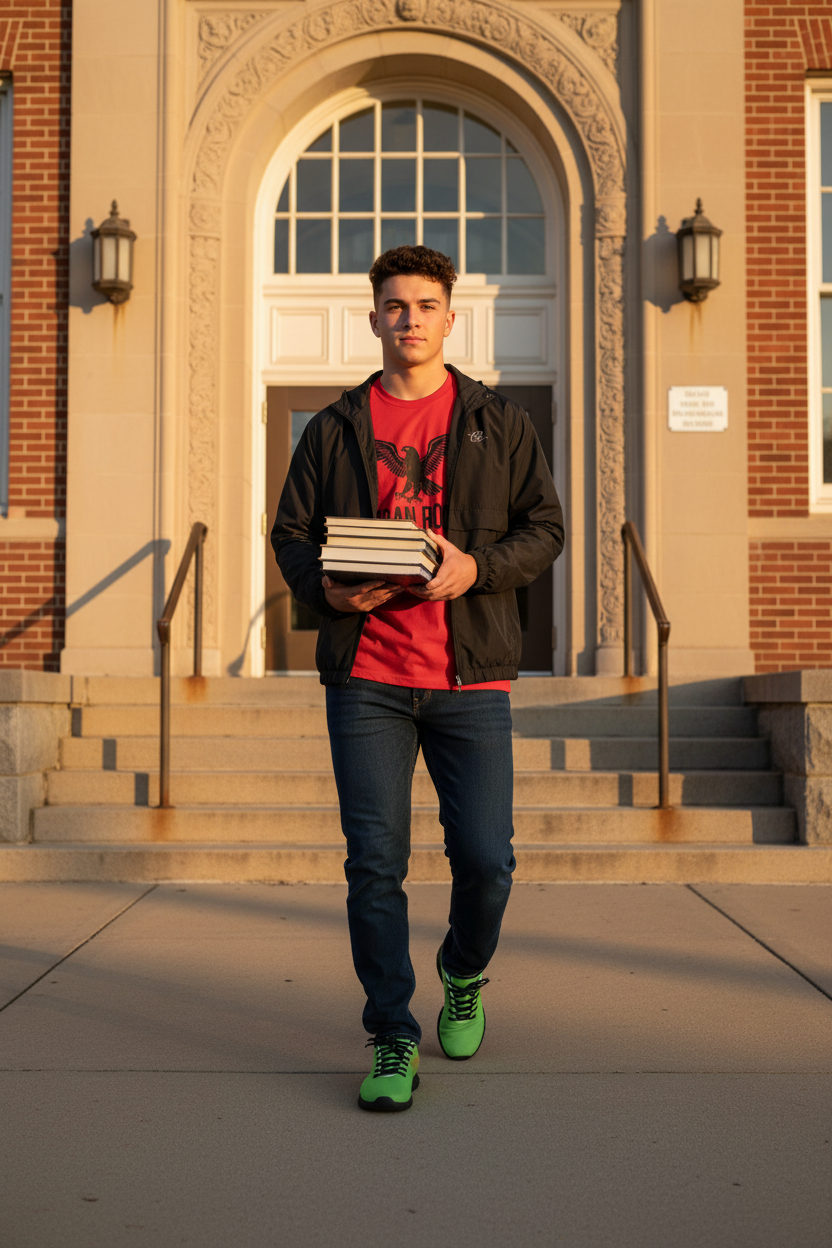 Men's BTS Bundle lifestyle — male student walking out of high school in full Eaton Brothers outfit