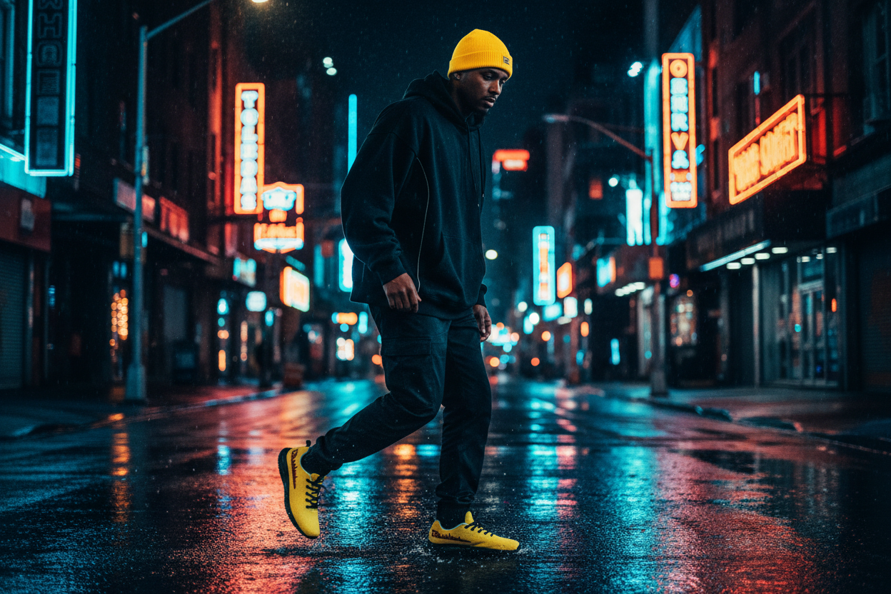EB Skylines yellow men's athletic shoes urban night lifestyle shot