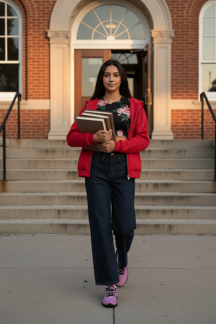 Women's BTS Bundle lifestyle — female student walking out of high school in full Eaton Brothers outfit