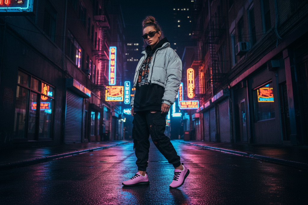EB Skylines pink athletic shoes urban night lifestyle shot
