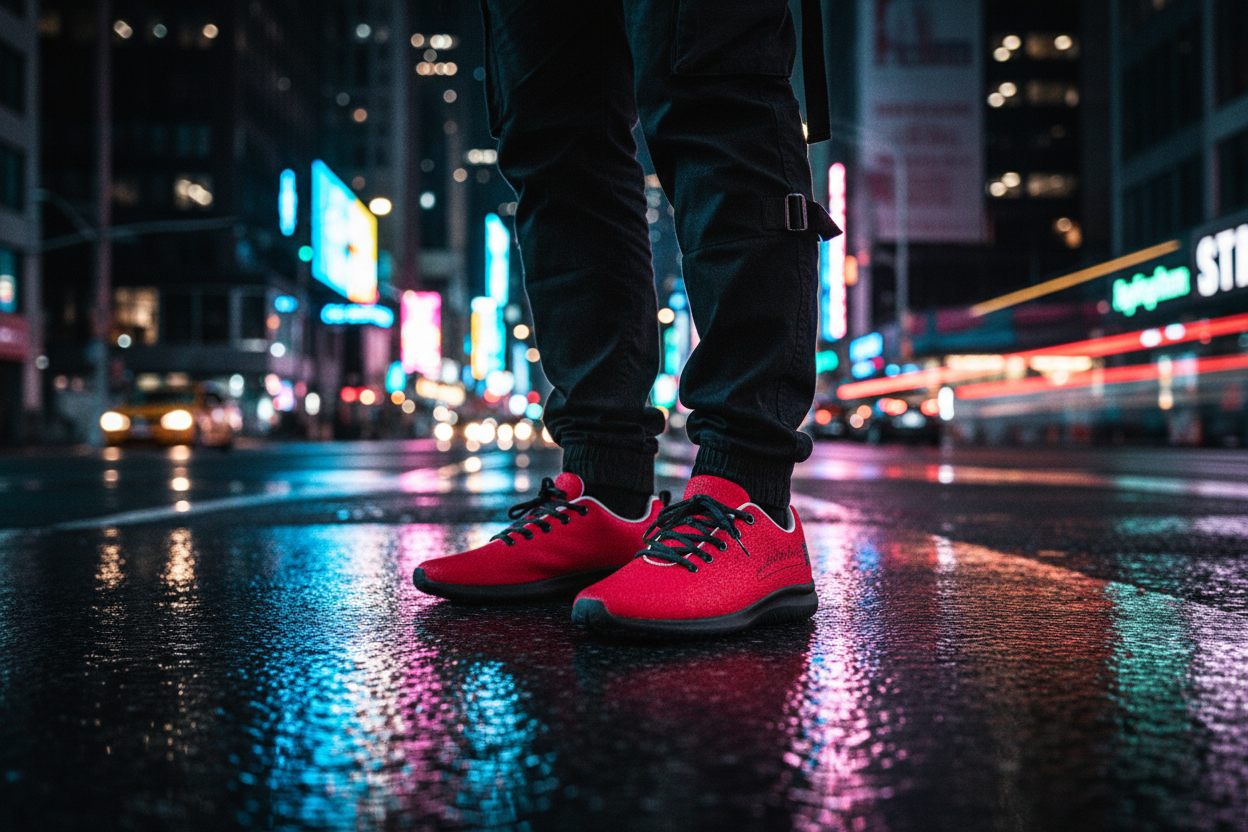 EB Skylines red athletic shoes urban night lifestyle shot
