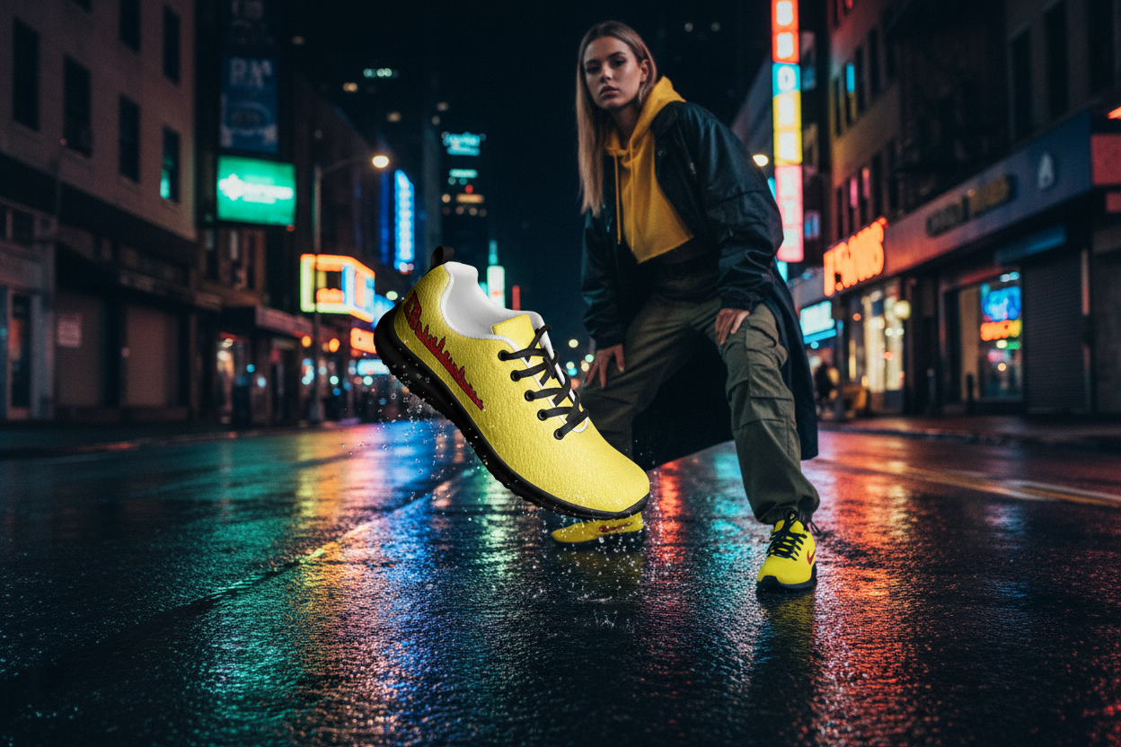 EB Skylines yellow women's athletic shoes urban night lifestyle shot