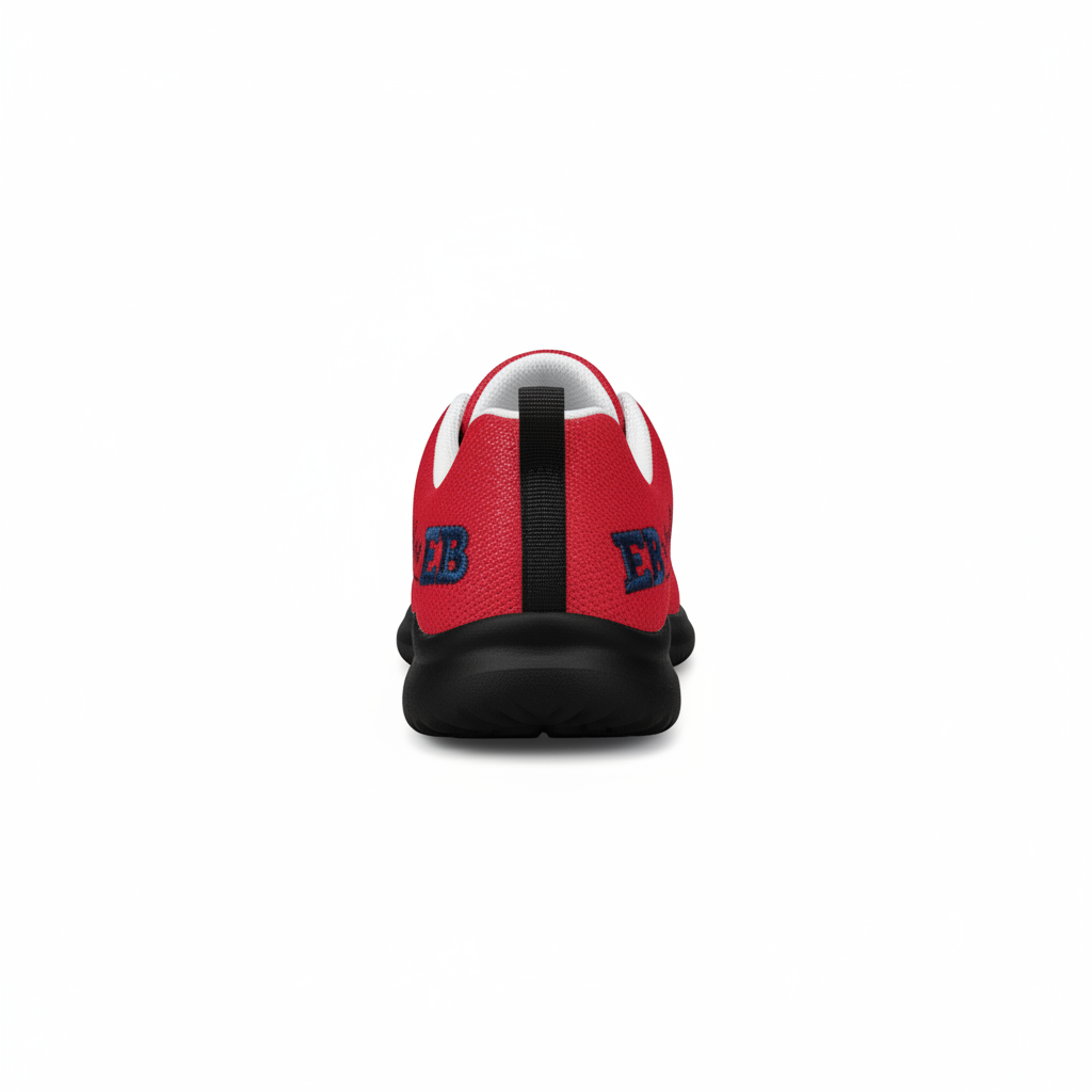 EB Skylines red athletic shoes back angle