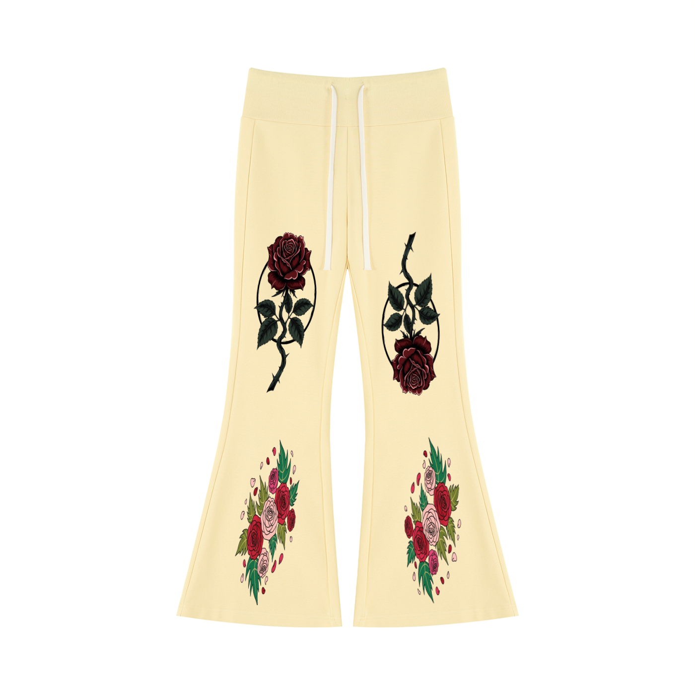 Women's Drawstring Flared Leg Pants- Rose Design- Apricot